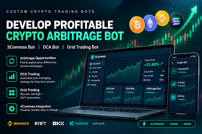develop profitable crypto arbitrage bot, 3commas bot, dca bot, grid trading bot