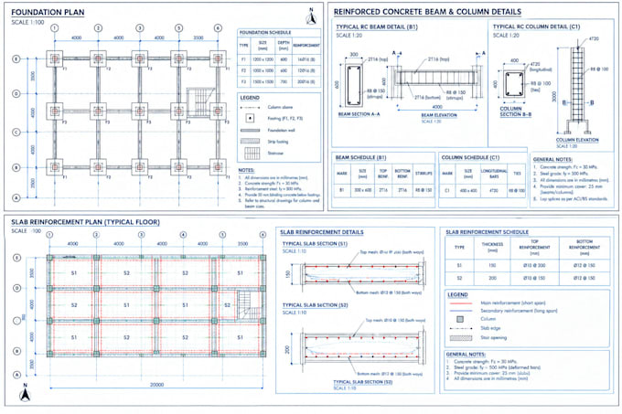 create structural drawings, foundation plans reinforcement details, calculations