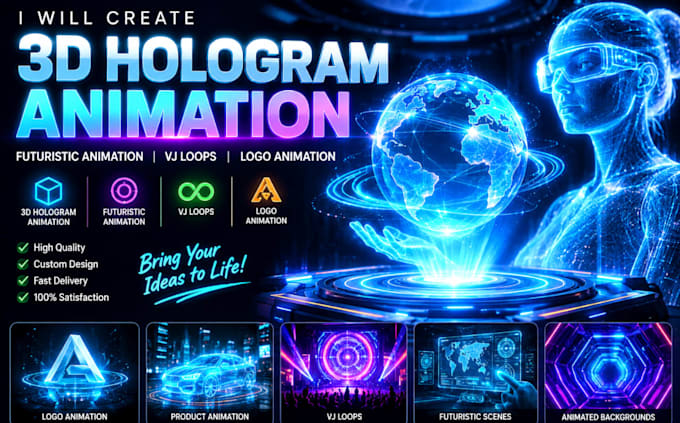 create 3d hologram animation,futuristic animation vj loop and logo animation