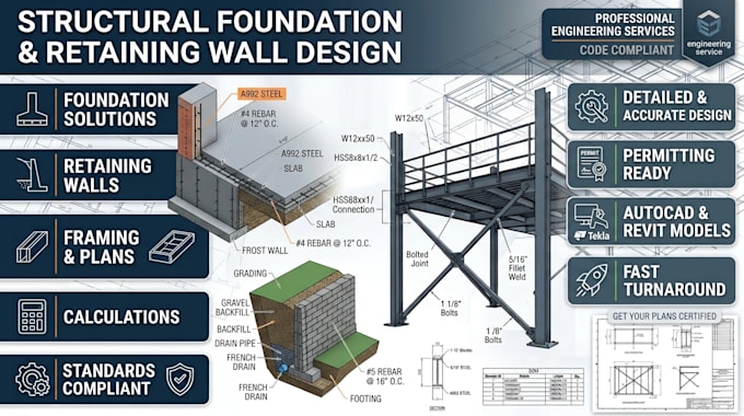 do structural foundation design, retaining wall calculations, and framing