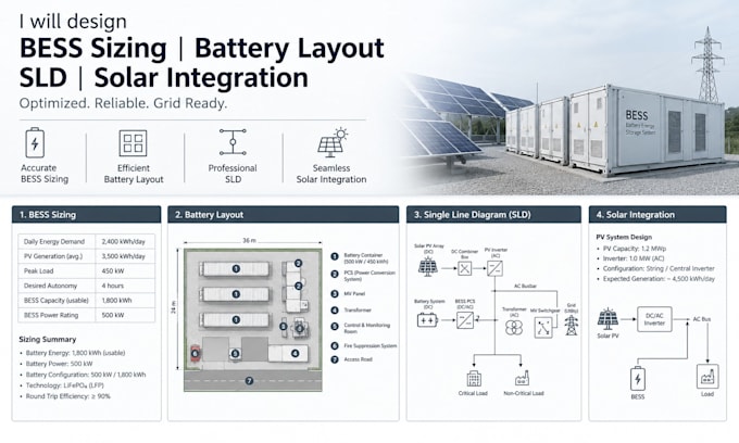 design bess sizing battery layout sld and solar integration