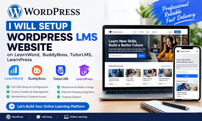 setup wordpress lms website on learnword, buddyboss, tutorlms, learnpress
