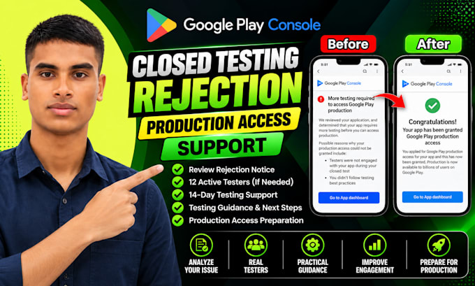 help fix google play closed testing rejection and production access