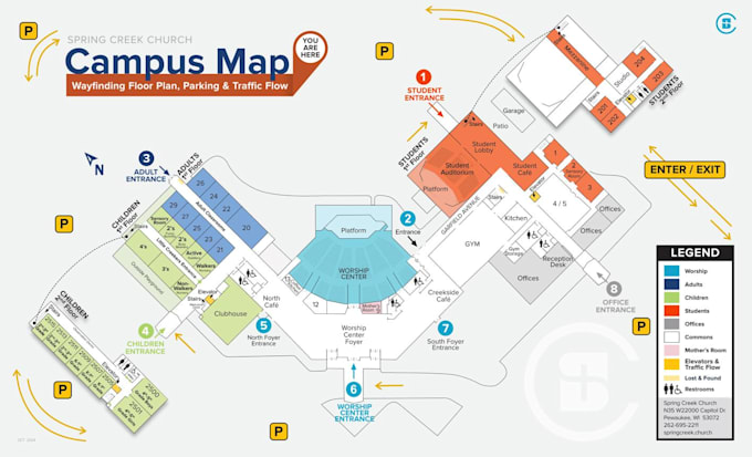 create worship center map , church campus map and religious facility guide map