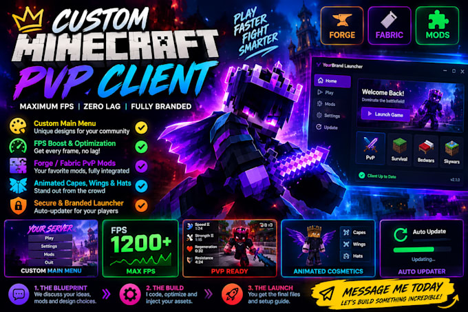 develop custom minecraft pvp client and launcher auto updater, with fps boost,