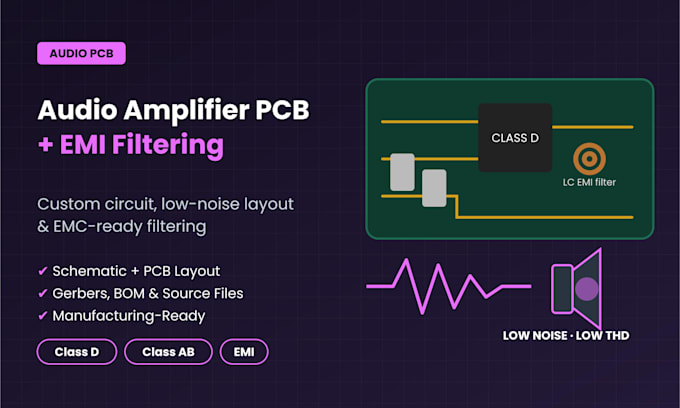 design custom audio amplifier pcb, circuit, pcb layout and emi filtering
