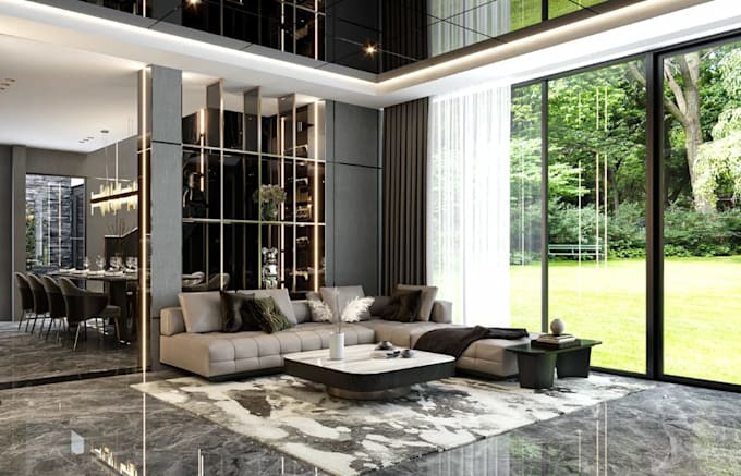 update3d residential villa interior,lshaped sofa,dining set,indoor garden render
