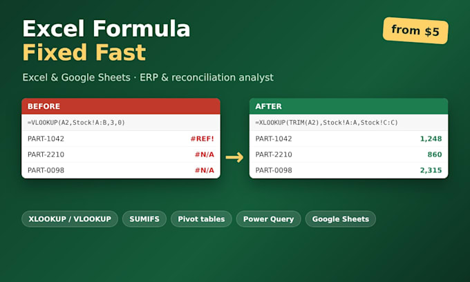 fix excel formulas, xlookup and pivot tables