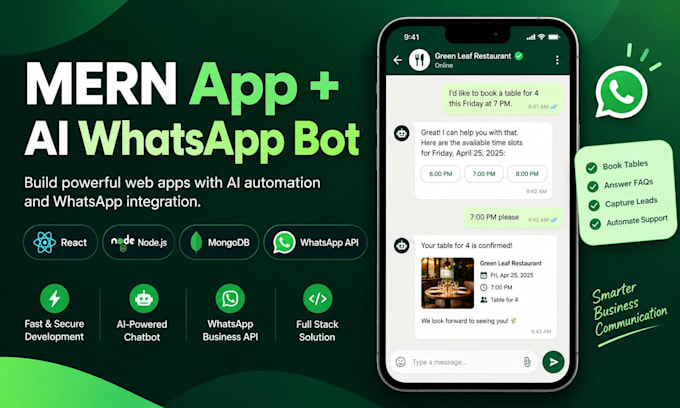 develop mern stack web app ai whatsapp ai agent react nodejs mongodb n8n crm api