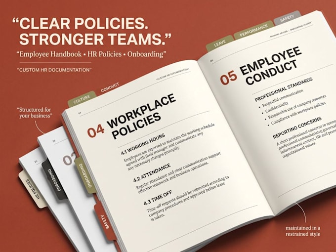 write and design employee handbook, HR policies, sops, job descriptions
