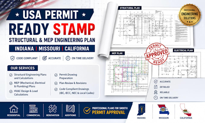 usa permit ready stamp, structural and mep engineering plan indiana missouri ca