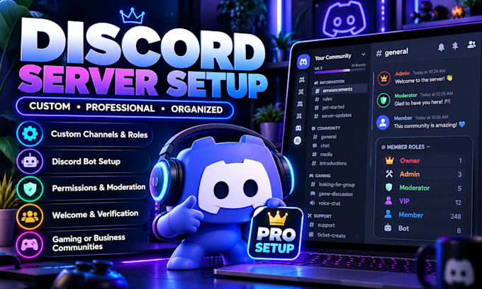 setup a professional custom discord server with roles, channels and bot setup
