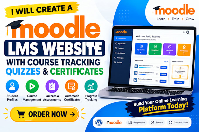 create a moodle lms website with course tracking quizzes and certificates