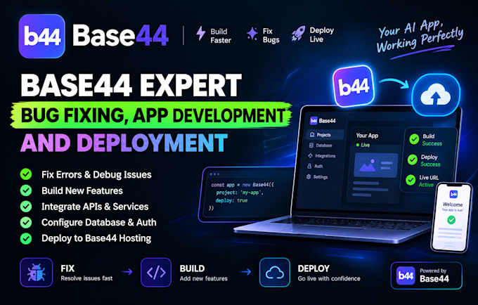 base44 expert base44 bug fixing app development and deployment