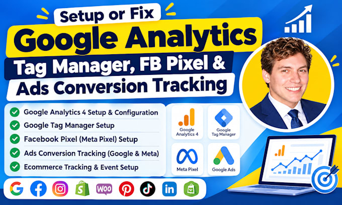 setup google analytics,tag manager, fb pixel,ads conversion tracking