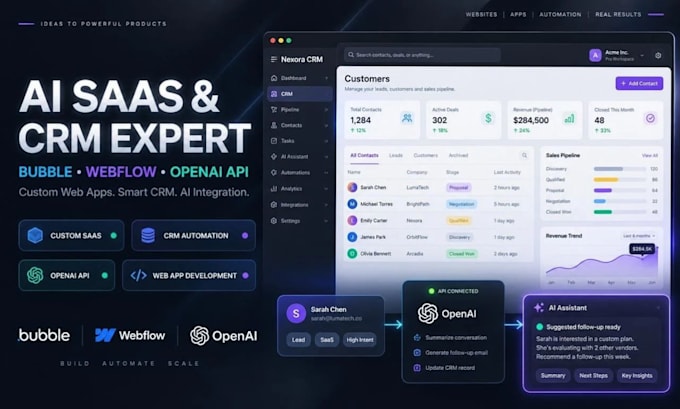 customize ai saas web app, webflow crm bubble webapp integrate openai api in crm