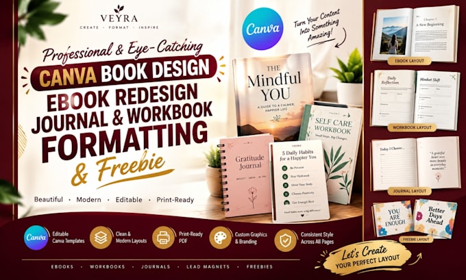 create canva book design, ebook redesign, journal, workbook formatting, freebie