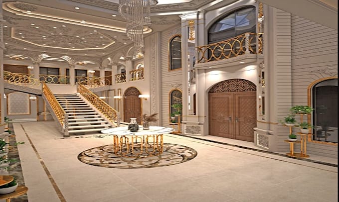 design architectural classic double height stair lobby and 3d staircase render