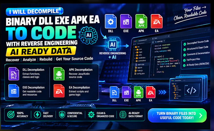 decompile binary dll exe apk ea to code with reverse engineering ai ready data