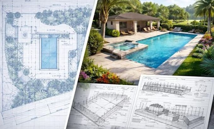 design swimming pool plans, 2d pool layouts, and construction drawings