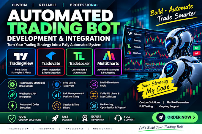 create automated trading bot in tradingview, tradovate, tradelocker, multicharts