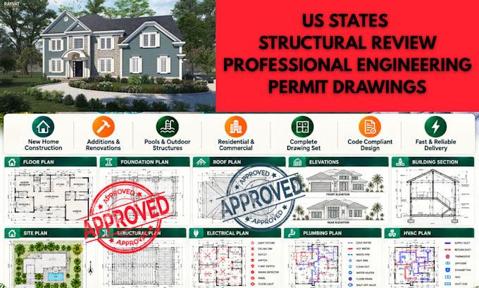 provide USA structural engineering review, permit drawings, stamp ca fl tx nc ge