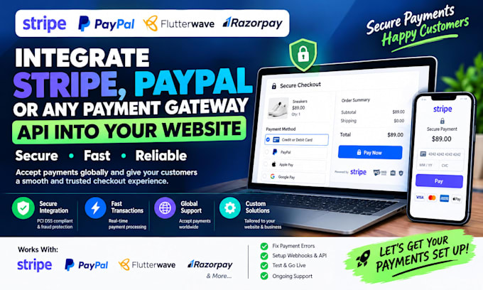 integrate stripe, paypal or any payment gateway API into your website