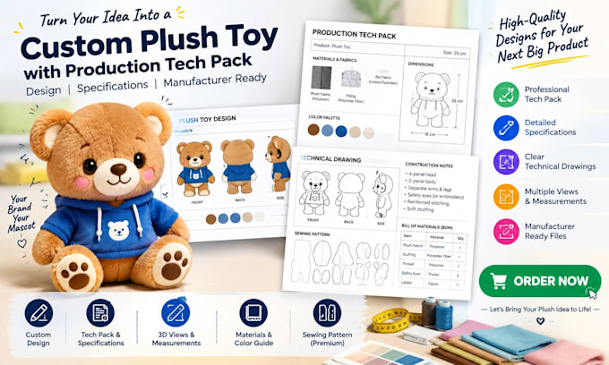 design a plush toy with a production tech pack and specifications