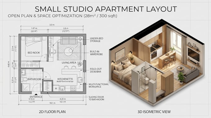 plan 2d 3d small studio apartment layout, open plan layout, space optimization