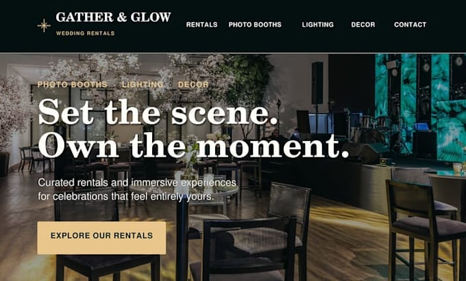 design squarespace wedding rental website photobooth lighting decor website