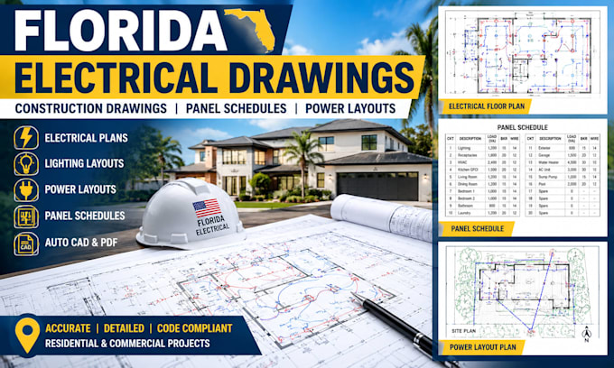 draw florida electrical construction drawings, panel schedules power layouts