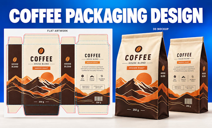 design coffee bag packaging, coffee pouch and coffee label with custom 3d mockup