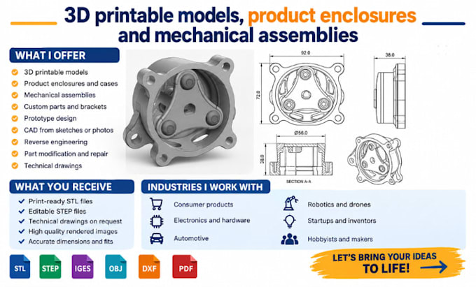 design 3d printable models, product enclosures, and mechanical assemblies