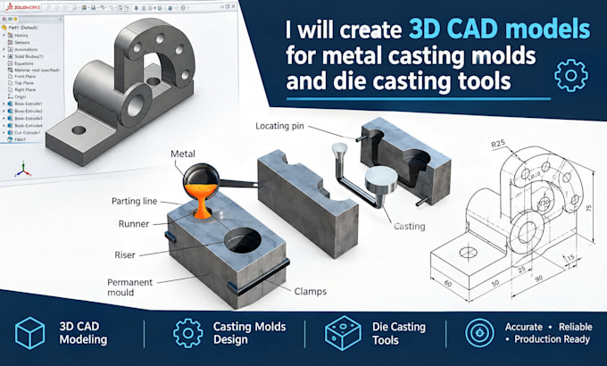 create 3d cad models for metal  casting molds  and die casting