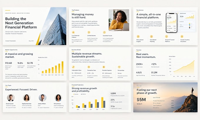 design startup pitch deck, investor presentation, fundraising powerpoint slides