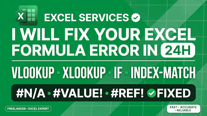 fix excel errors ,formulas,vlookup,xlookup in 24h