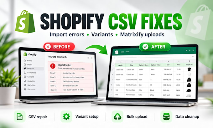 fix shopify CSV import errors, product variants and matrixify bulk uploads