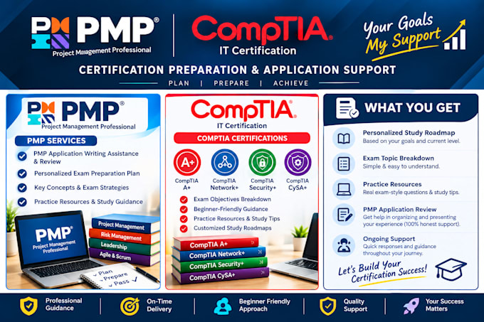 offer pmp application support, exam prep plan, and comptia , network, secu