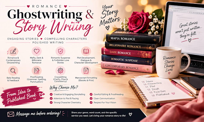 ghostwrite romance and mafia romance stories, do book editing and beta reading