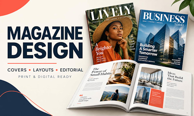 design a modern magazine cover and page layout