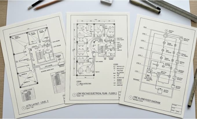 draw low voltage electrical plans, cctv layouts, and fire alarm risers