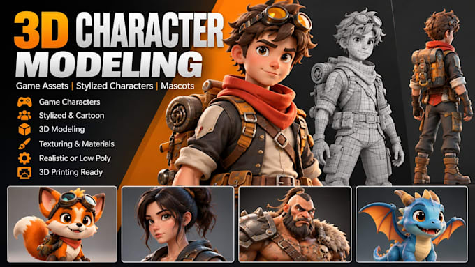create custom 3d character models for games and animation, 3d printing