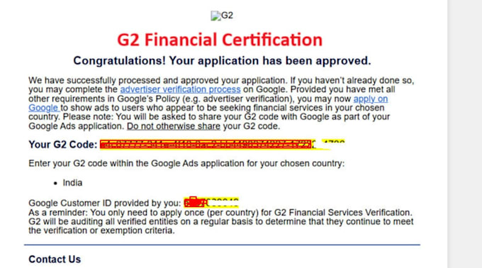 provide google ads g2 financial verification