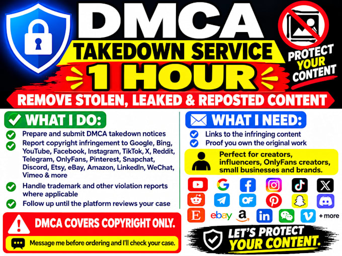 remove delete takedown in 1 hr instagram,reddit,fb,tiktok,youtube,under dmca