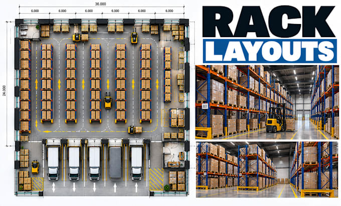 design warehouse rack layouts, pallet storage plans, asile layouts, workflows