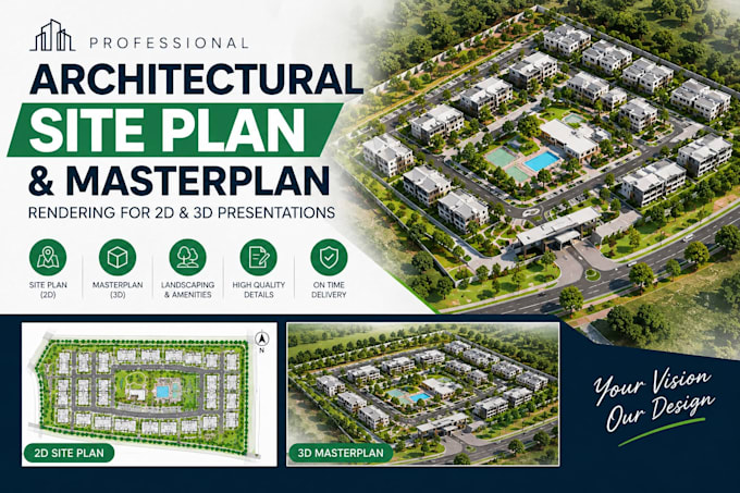 do architectural site plan and masterplan rendering for 2d, and 3d presentations
