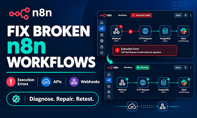 debug failed n8n workflows, fix execution errors and troubleshoot API issues