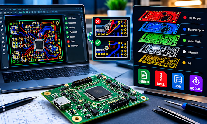 fix pcb design errors, drc issues and prepare gerber files for manufacturing