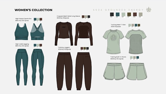 create womens activewear tech packs and technical flats