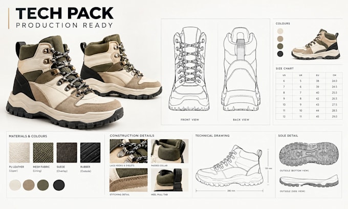 create factory ready shoe tech pack for sneakers